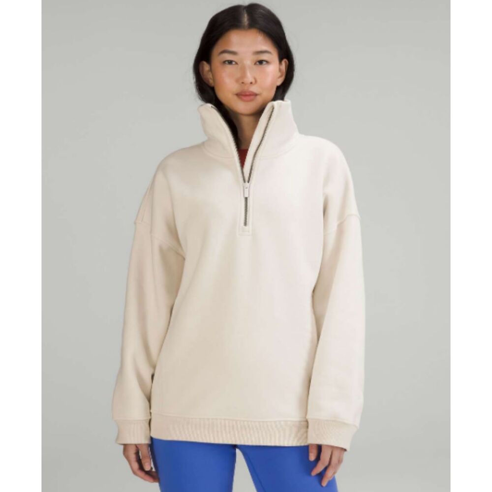 Lululemon Thick Fleece Half Zip Oversized Pullover White Opal Sweatshirt Sz M/L
